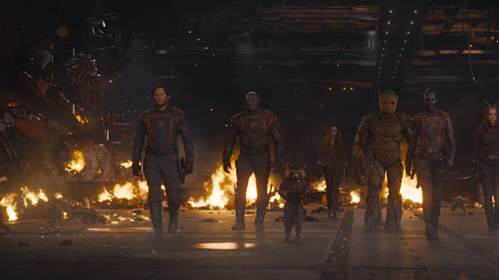 (L-R): Chris Pratt as Peter Quill/Star-Lord, Dave Bautista as Drax, Rocket (voiced by Bradley