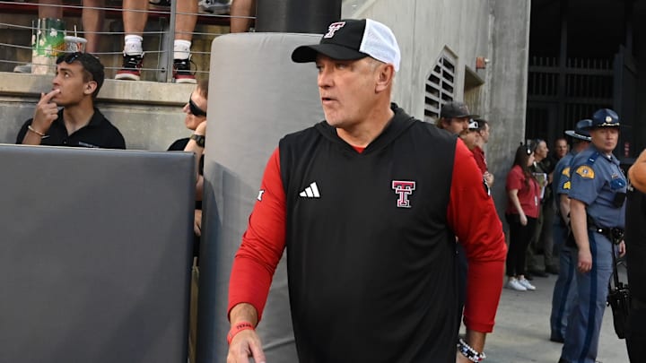 Sep 7, 2024; Pullman, Washington, USA; Texas Tech Red Raiders head coach Joey McGuire walks onto the field for a game against the Washington State Cougars at Gesa Field at Martin Stadium. Mandatory Credit: James Snook-Imagn Images