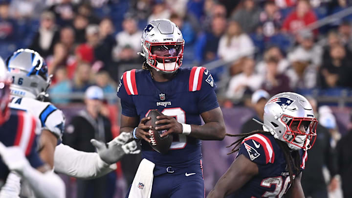 August 8, 2024; Foxborough, MA, USA;  New England Patriots quarterback Joe Milton III (19) looks to throw a pass against the Carolina Panthers during the second half at Gillette Stadium. Mandatory Credit: Eric Canha-USA TODAY Sports