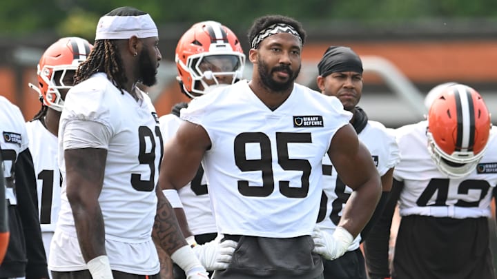 Jun 12, 2025; Berea, OH, USA; Cleveland Browns defensive end Myles Garrett (95) watches practice during mini camp at CrossCountry Mortgage Campus. Mandatory Credit: Ken Blaze-Imagn Images