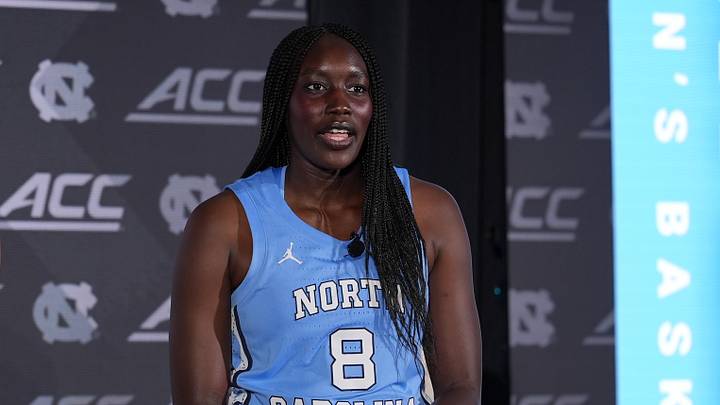 Oct 6, 2026; Charlotte, NC, USA;  North Carolina Achol Akot answers questions from the media during the ACC Basketball Tip-Off in Charlotte, NC.  Mandatory Credit: Jim Dedmon-Imagn Images