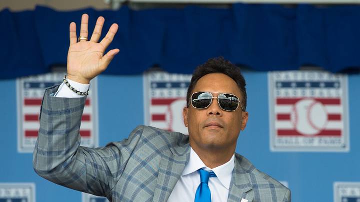 Jul 27, 2014; Cooperstown, NY, USA; Hall of Fame player Roberto Alomar responds to being introduced during the class of 2014 national baseball Hall of Fame induction ceremony at National Baseball Hall of Fame. Mandatory Credit: Gregory J. Fisher-Imagn Images