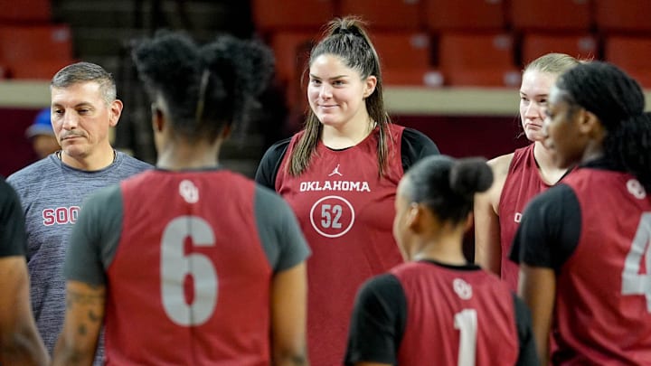 Raegan Beers (52) is pictured as the Oklahoma women’s basketball team practice ahead of the regular season at the Lloyd Noble Center in Norman, Okla., on Monday, Oct. 28, 2024. Raegan Beers (52) is pictured as the Oklahoma women’s basketball team practice ahead of the regular season at the Lloyd Noble Center in Norman, Okla., on Monday, Oct. 28, 2024.