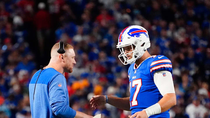 Sep 19, 2022; Orchard Park, New York, USA; Buffalo Bills quarterbacks coach Joe Brady speaks with Buffalo Bills quarterback Josh Allen (17) at a timeout during the first half against the Tennessee Titans at Highmark Stadium. Mandatory Credit: Gregory Fisher-Imagn Images