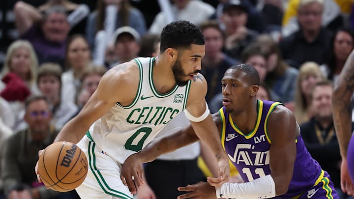 Mar 12, 2024; Salt Lake City, Utah, USA; Boston Celtics forward Jayson Tatum (0) moves the ball as
