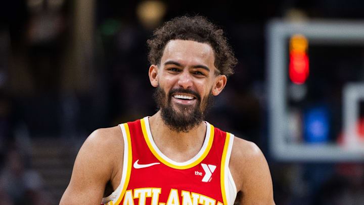 Atlanta Hawks guard Trae Young reacts in the first half against the Indiana Pacers at Gainbridge Fieldhouse. Atlanta Hawks guard Trae Young reacts in the first half against the Indiana Pacers at Gainbridge Fieldhouse.