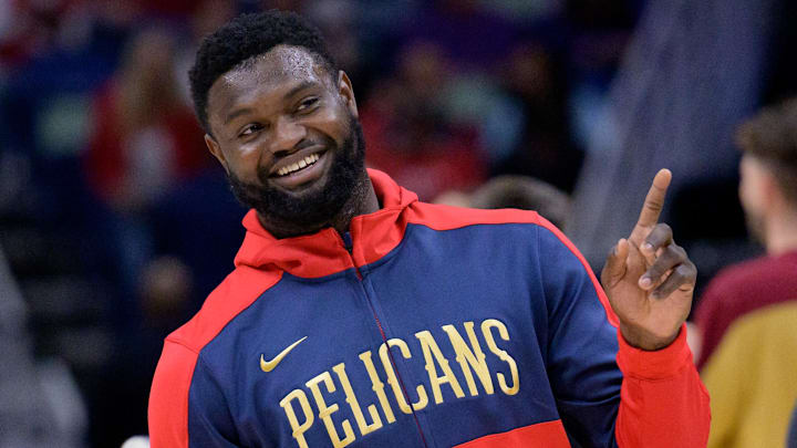 Nov 6, 2024; New Orleans, Louisiana, USA; New Orleans Pelicans forward Zion Williamson (1) smiles before a game against the Cleveland Cavaliers at Smoothie King Center. Mandatory Credit: Matthew Hinton-Imagn Images