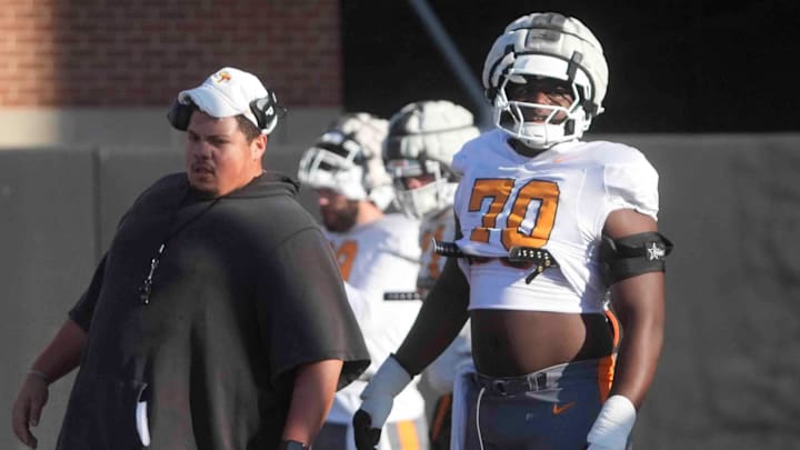 Tennessee offensive lineman David Sanders Jr. (70) during Tennessee football practice, at University of Tennessee, Tuesday, March 25, 2025.