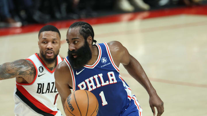 Philadelphia 76ers guard James Harden dribbles.