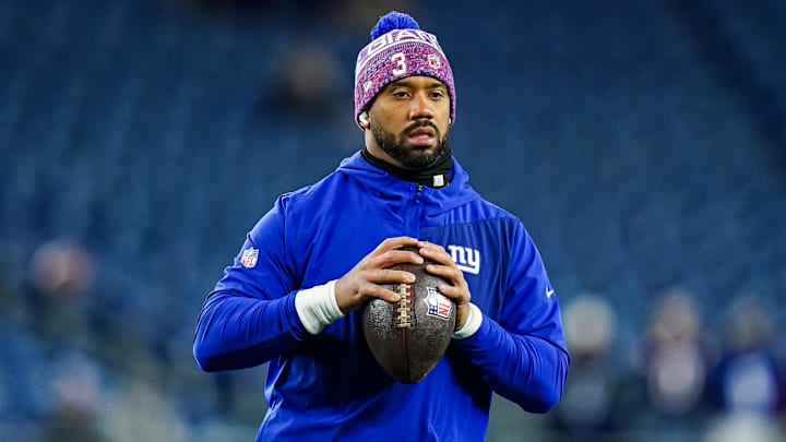Dec 1, 2025; Foxborough, Massachusetts, USA; New York Giants quarterback Russell Wilson (3) warms up prior to the game against the New England Patriots at Gillette Stadium. Mandatory Credit: David Butler II-Imagn Images