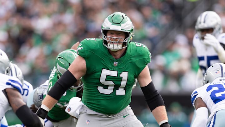 Dec 29, 2024; Philadelphia, Pennsylvania, USA; Philadelphia Eagles center Cam Jurgens (51) in action against the Dallas Cowboys during the second quarter at Lincoln Financial Field. Mandatory Credit: Bill Streicher-Imagn Images