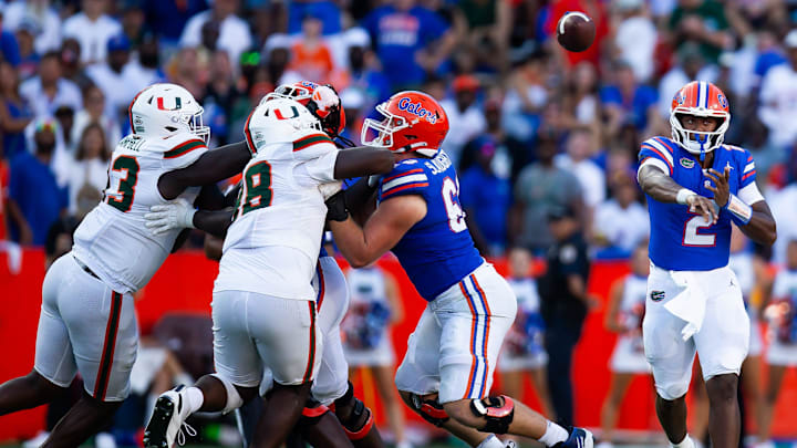 Florida Gators quarterback DJ Lagway (2) throw a pass during the season opener at Ben Hill Griffin Stadium in Gainesville, FL on Saturday, August 31, 2024 against the University of Miami Hurricanes in the second half. Miami defeated the Gators 41-17. [Doug Engle/Gainesville Sun]