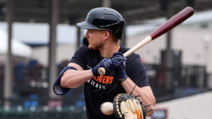 Detroit Tigers outfielder Parker Meadows bats during spring training at Joker Marchant Stadium in Lakeland, Fla. on Thursday, Feb. 20, 2025.
