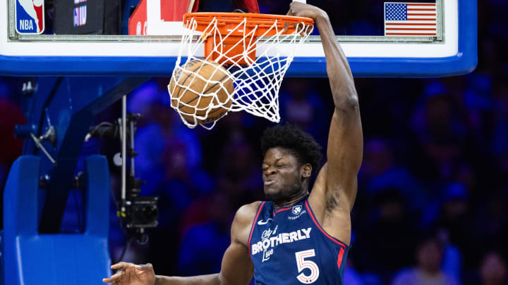 Mar 27, 2024; Philadelphia, Pennsylvania, USA; Philadelphia 76ers center Mo Bamba (5) dunks the ball against the LA Clippers during the third quarter at Wells Fargo Center. Mandatory Credit: Bill Streicher-USA TODAY Sports