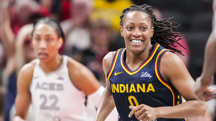 July 3, 2025; Indianapolis, Indiana, USA; Indiana Fever guard Kelsey Mitchell (0) reacts during a game against the Las Vegas Aces at Gainbridge Fieldhouse. Mandatory Credit: Grace Smith/INDIANAPOLIS STAR-Imagn Images July 3, 2025; Indianapolis, Indiana, USA; Indiana Fever guard Kelsey Mitchell (0) reacts during a game against the Las Vegas Aces at Gainbridge Fieldhouse. Mandatory Credit: Grace Smith/INDIANAPOLIS STAR-Imagn Images