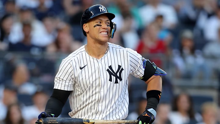 Jun 7, 2025; Bronx, New York, USA; New York Yankees right fielder Aaron Judge (99) reacts after striking out against the Boston Red Sox during the first inning at Yankee Stadium. Mandatory Credit: Brad Penner-Imagn Images Jun 7, 2025; Bronx, New York, USA; New York Yankees right fielder Aaron Judge (99) reacts after striking out against the Boston Red Sox during the first inning at Yankee Stadium. Mandatory Credit: Brad Penner-Imagn Images