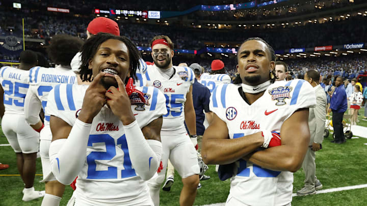 Jan 1, 2026; New Orleans, LA, USA; Mississippi Rebels defensive back Isreal Solomon (43) Rebels cornerback Pat Broomfield (27) after their game against the Georgia Bulldogs in the 2026 Sugar Bowl and quarterfinal game of the College Football Playoff at Caesars Superdome. Mandatory Credit: Geoff Burke-Imagn Images