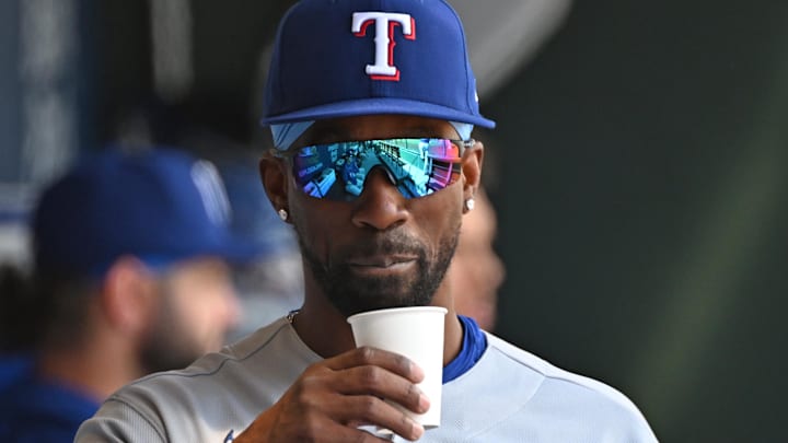 Mar 29, 2026; Philadelphia, Pennsylvania, USA; Texas Rangers center fielder Andrew McCutchen (4) in the dugout against the Philadelphia Phillies at Citizens Bank Park. Mandatory Credit: Eric Hartline-Imagn Images