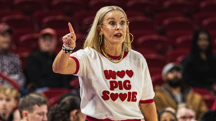 Arkansas Razorbacks coach Kelsi Musick on the sidelines in an exhibition game against Arkansas-Fort Smith.