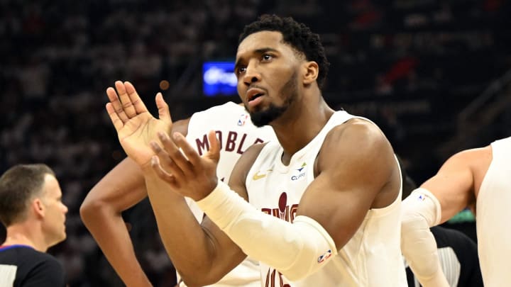May 11, 2024; Cleveland, Ohio, USA; Cleveland Cavaliers guard Donovan Mitchell (45) celebrates in the second quarter of game three of the second round of the 2024 NBA playoffs against the Boston Celtics at Rocket Mortgage FieldHouse. Mandatory Credit: David Richard-USA TODAY Sports May 11, 2024; Cleveland, Ohio, USA; Cleveland Cavaliers guard Donovan Mitchell (45) celebrates in the second quarter of game three of the second round of the 2024 NBA playoffs against the Boston Celtics at Rocket Mortgage FieldHouse. Mandatory Credit: David Richard-USA TODAY Sports