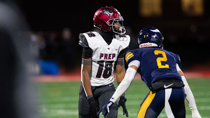 Central Catholic cornerback Xxavier Thomas (2) lines up across from St. Joseph's Prep wide receiver Jett Harrison in the first half of the PIAA Class 6A football championship game at Cumberland Valley High School, Saturday, Dec. 7, 2024, in Silver Spring Township, Pa.