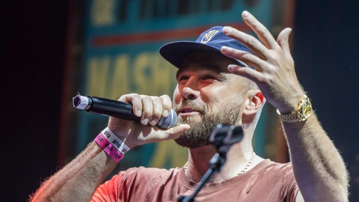 Travis Kelce greets the crowd during the “Tight Ends & Friends” concert at Brooklyn Bowl on Tuesday, June 18, 2024, in Nashville, Tenn.