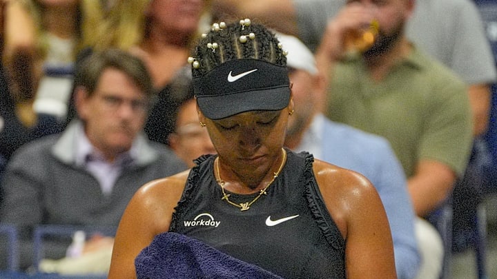 Aug 29, 2024; Flushing, NY, USA;  Naomi Osaka (JPN) on a change while playing Karolina Muchova (CZE) on day four of the 2024 U.S. Open tennis tournament at USTA Billie Jean King National Tennis Center. 