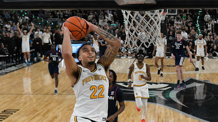 Mar 9, 2024; Providence, Rhode Island, USA; Providence Friars guard Devin Carter (22)  dunks the basketball