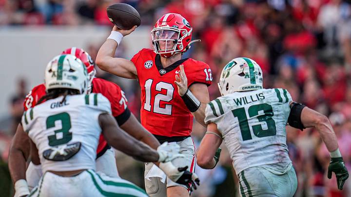 Nov 22, 2025; Athens, Georgia, USA; Georgia Bulldogs quarterback Ryan Puglisi (12) passes the ball against the Charlotte 49ers during the second half at Sanford Stadium. Mandatory Credit: Dale Zanine-Imagn Images