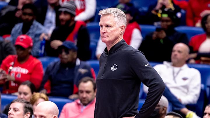 Golden State Warriors head coach Steve Kerr looks on against the New Orleans Pelicans during first half at Smoothie King Center. Golden State Warriors head coach Steve Kerr looks on against the New Orleans Pelicans during first half at Smoothie King Center.
