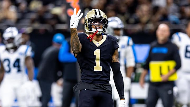 Sep 8, 2024; New Orleans, Louisiana, USA;  New Orleans Saints cornerback Alontae Taylor (1) reacts to sacking Carolina Panthers quarterback Bryce Young (9) during the second half at Caesars Superdome. Mandatory Credit: Stephen Lew-Imagn Images