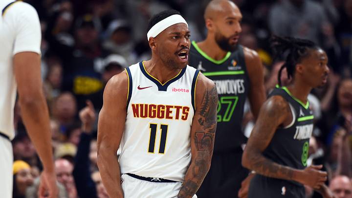 Apr 18, 2026; Denver, Colorado, USA; Denver Nuggets guard Bruce Brown (11) reacts after a basket and foul during the first half against the Minnesota Timberwolves in game one of the first round of the 2026 NBA Playoffs at Ball Arena. Mandatory Credit: Christopher Hanewinckel-Imagn Images Apr 18, 2026; Denver, Colorado, USA; Denver Nuggets guard Bruce Brown (11) reacts after a basket and foul during the first half against the Minnesota Timberwolves in game one of the first round of the 2026 NBA Playoffs at Ball Arena. Mandatory Credit: Christopher Hanewinckel-Imagn Images
