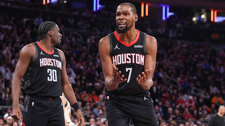 Feb 21, 2026; New York, New York, USA;  Houston Rockets forward Kevin Durant (7) reacts to a call in the third quarter against the New York Knicks at Madison Square Garden. Mandatory Credit: Wendell Cruz-Imagn Images