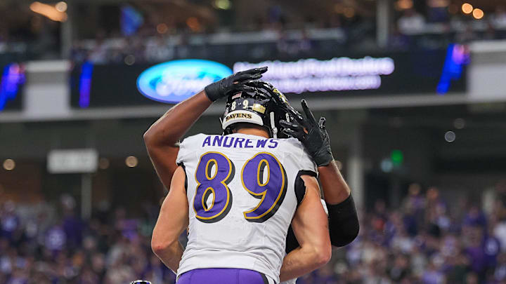 Nov 9, 2025; Minneapolis, Minnesota, USA; Baltimore Ravens tight end Mark Andrews (89) celebrates his touchdown against the Minnesota Vikings in the third quarter at U.S. Bank Stadium. Mandatory Credit: Brad Rempel-Imagn Images