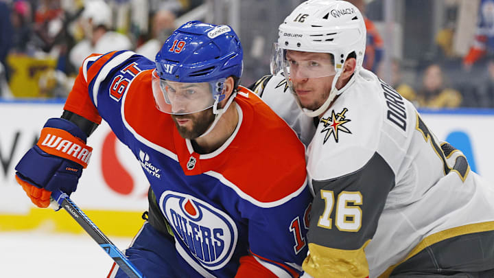 Apr 4, 2026; Edmonton, Alberta, CAN; Edmonton Oilers forward Adam Henrique (19) and Vegas Golden Knights forward Pavel Dorofeyev (16) battle for position during the third period at Rogers Place. Mandatory Credit: Perry Nelson-Imagn Images Apr 4, 2026; Edmonton, Alberta, CAN; Edmonton Oilers forward Adam Henrique (19) and Vegas Golden Knights forward Pavel Dorofeyev (16) battle for position during the third period at Rogers Place. Mandatory Credit: Perry Nelson-Imagn Images