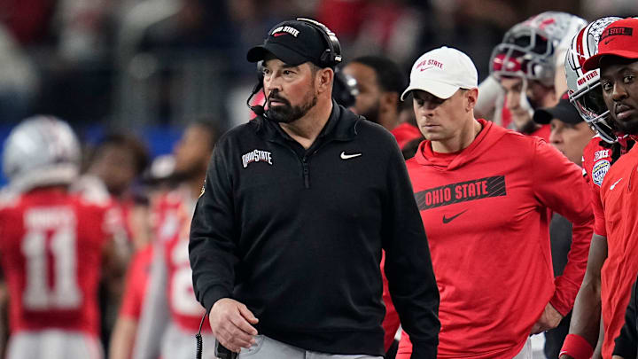 Ohio State Buckeyes head coach Ryan Day watches during the first half of the Cotton Bowl Classic College Football Playoff semifinal game against the Texas Longhorns at AT&T Stadium in Arlington, Texas on Jan. 10, 2025.