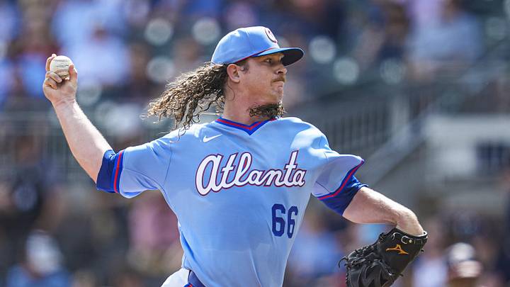 May 23, 2026; Cumberland, Georgia, USA; Atlanta Braves pitcher Grant Holmes (66) pitches against the Washington Nationals during the first inning at Truist Park. Mandatory Credit: Dale Zanine-Imagn Images
