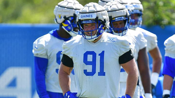 Jun 8, 2022; Los Angeles, CA, USA; Los Angeles Rams tackle Greg Gaines (91) during mini camp at Cal Lutheran University. Jun 8, 2022; Los Angeles, CA, USA; Los Angeles Rams tackle Greg Gaines (91) during mini camp at Cal Lutheran University.