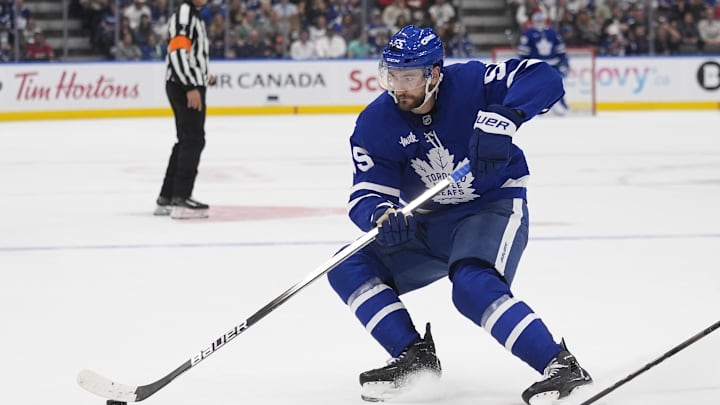 Toronto Maple Leafs forward Nicholas Roy (55) controls the puck. Mandatory Credit: John E. Sokolowski-Imagn Images Toronto Maple Leafs forward Nicholas Roy (55) controls the puck. Mandatory Credit: John E. Sokolowski-Imagn Images