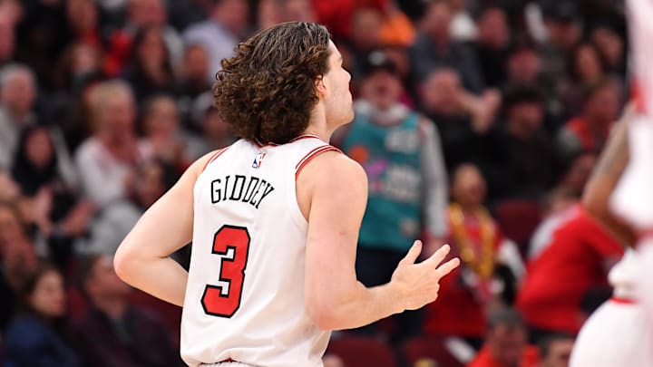 Feb 28, 2025; Chicago, Illinois, USA; Chicago Bulls guard Josh Giddey (3) reacts after hitting a three point shot during the second half against the Toronto Raptors at the United Center. Mandatory Credit: Patrick Gorski-Imagn Images Feb 28, 2025; Chicago, Illinois, USA; Chicago Bulls guard Josh Giddey (3) reacts after hitting a three point shot during the second half against the Toronto Raptors at the United Center. Mandatory Credit: Patrick Gorski-Imagn Images