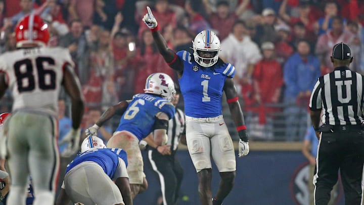Nov 9, 2024; Oxford, Mississippi, USA; Mississippi Rebels defensive lineman Princely Umanmielen (1) reacts during the second half against the Georgia Bulldogs at Vaught-Hemingway Stadium. Mandatory Credit: Petre Thomas-Imagn Images