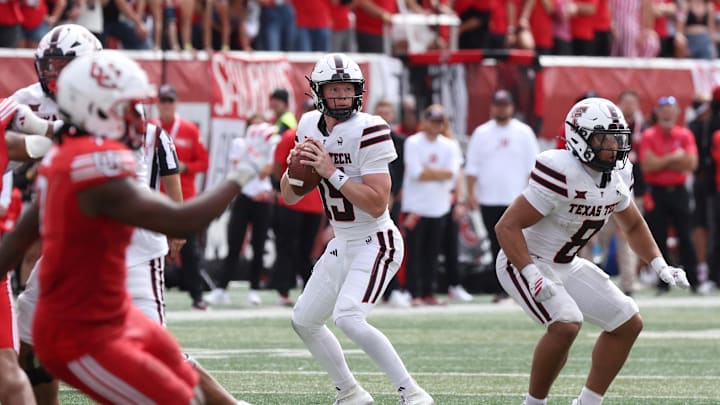 Sep 20, 2025; Salt Lake City, Utah, USA; Texas Tech Red Raiders quarterback Will Hammond (15) looks to pass the ball against the Utah Utes during the fourth quarter at Rice-Eccles Stadium. Mandatory Credit: Rob Gray-Imagn Images