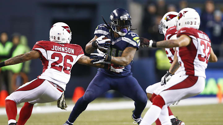 Nov 15, 2015; Seattle, WA, USA; Seattle Seahawks running back Marshawn Lynch (24) rushes against the Arizona Cardinals during the third quarter at CenturyLink Field. Mandatory Credit: Joe Nicholson-Imagn Images Nov 15, 2015; Seattle, WA, USA; Seattle Seahawks running back Marshawn Lynch (24) rushes against the Arizona Cardinals during the third quarter at CenturyLink Field. Mandatory Credit: Joe Nicholson-Imagn Images