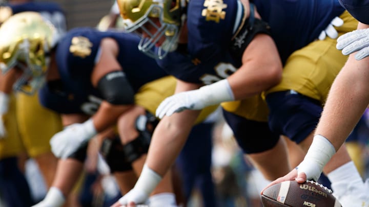 Notre Dame's offensive line warms up before a NCAA college football game between Notre Dame and Stanford at Notre Dame Stadium on Saturday, Oct. 12, 2024, in South Bend.