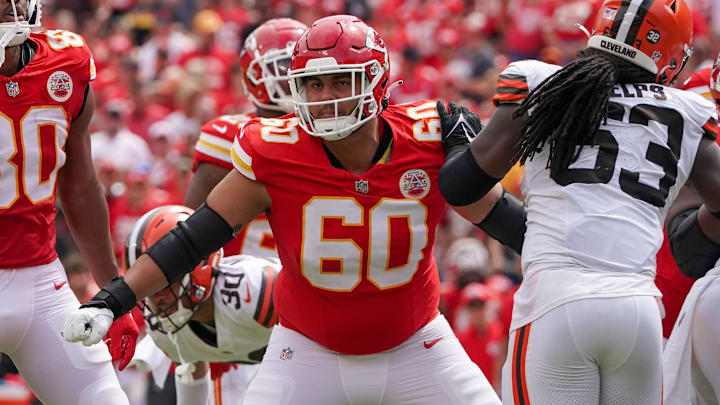 Aug 26, 2023; Kansas City, Missouri, USA; Kansas City Chiefs offensive tackle Sebastian Gutierrez (60) blocks against the Cleveland Browns during the game at GEHA Field at Arrowhead Stadium. Mandatory Credit: Denny Medley-Imagn Images Aug 26, 2023; Kansas City, Missouri, USA; Kansas City Chiefs offensive tackle Sebastian Gutierrez (60) blocks against the Cleveland Browns during the game at GEHA Field at Arrowhead Stadium. Mandatory Credit: Denny Medley-Imagn Images