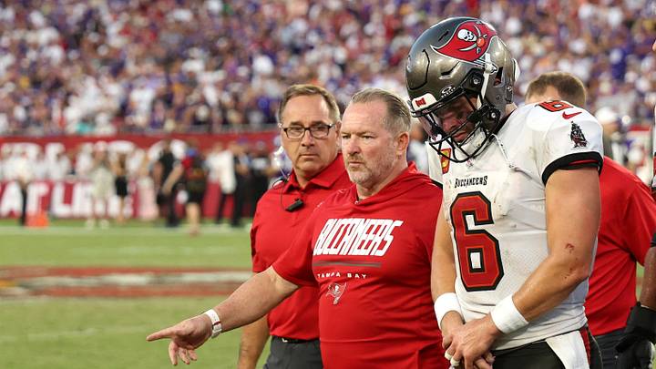 Sep 27, 2026; Tampa, Florida, USA;  Tampa Bay Buccaneers quarterback Baker Mayfield (6) walks off the field after an injury during the fourth quarter against the Minnesota Vikings at Raymond James Stadium.  Mandatory Credit: Matt Pendleton-Imagn Images