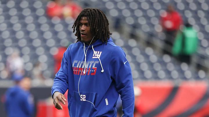 Oct 25, 2026; Houston, Texas, USA;  New York Giants linebacker Arvell Reese (52) warms up before playing against the Houston Texans at Reliant Stadium.