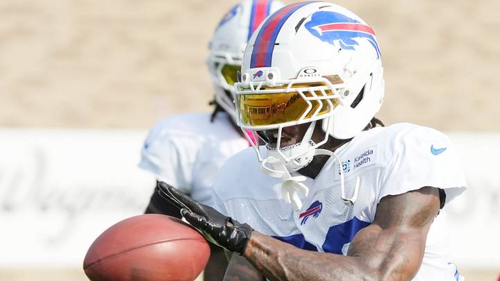 Bills defensive back C.J. Gardner-Johnson pulls in a pass during position drills during day six of Buffalo Bills training camp at St. John Fisher University Thursday, August 5, 2026 in Pittsford.