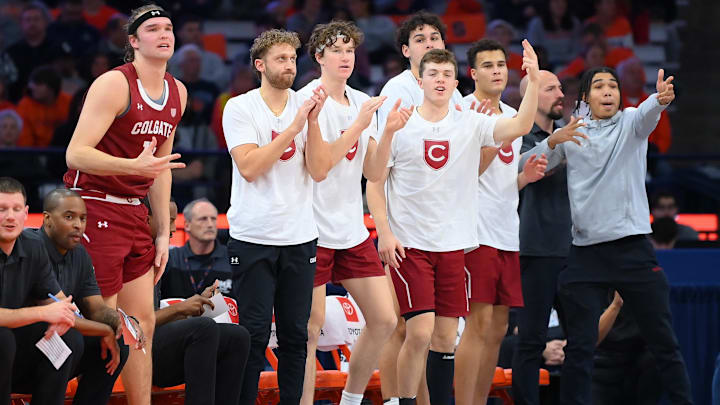 Nov 14, 2023; Syracuse, New York, USA; Colgate Raiders players react to a play against the Syracuse