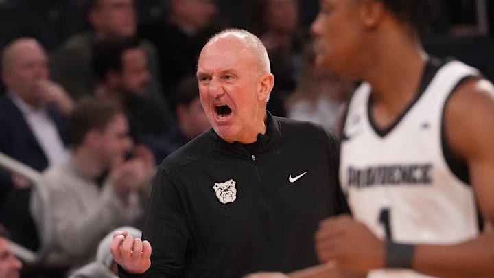 Mar 12, 2025; New York, NY, USA; Butler Bulldogs head coach Thad Matta reacts during the second half against the Providence Friars at Madison Square Garden. Mandatory Credit: Robert Deutsch-Imagn Images